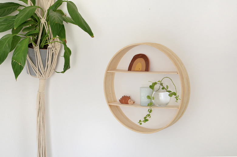 Circular wall shelf with small trinkets and hanging plant on wall.