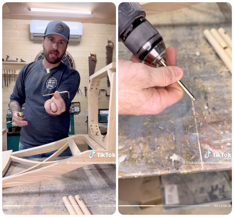 A split screenshot of a TikTok showing a man holding up an Allen wrench and attaching it to a drill.