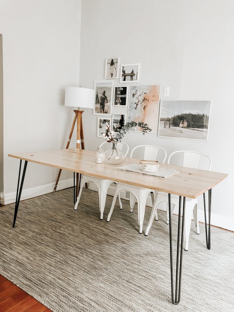 DIY minimalist dining table with wood top and metal hairpin legs