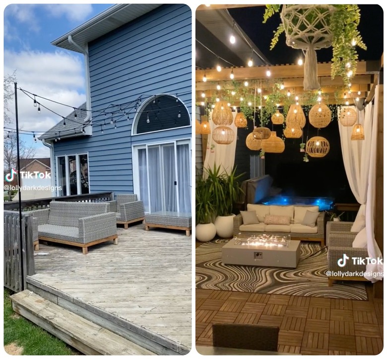 A before and after showing a dull deck and its transformation into a boho-style one