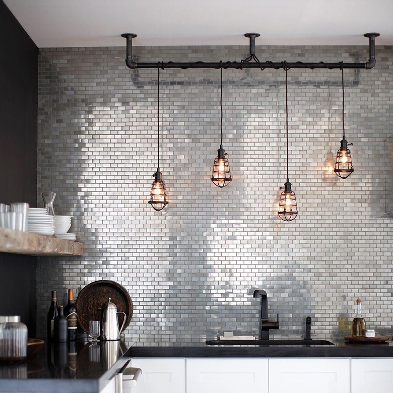 kitchen ceiling lights over sink with metal tile backsplash