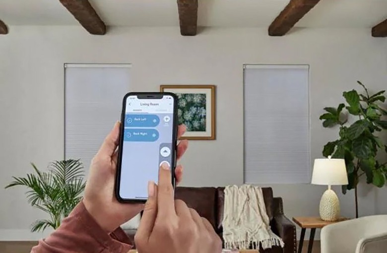 A woman controlling motorized blinds with her cell phone