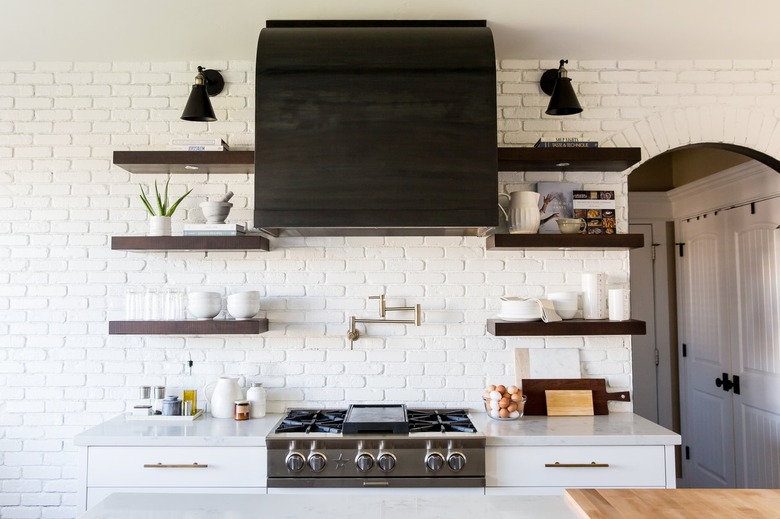 Farmhouse kitchen with white brick backsplash