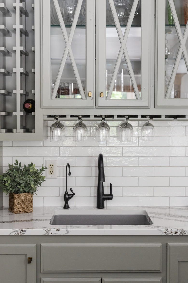 Farmhouse style kitchen with white subway tile backsplash