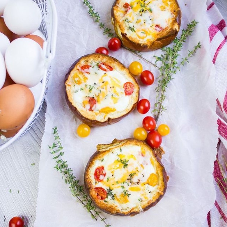 Two Purple Figs Baked Eggs in Bread Bowls