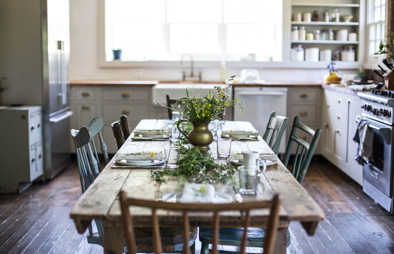 eco-friendly kitchen flooring in farmhouse space with open shelving