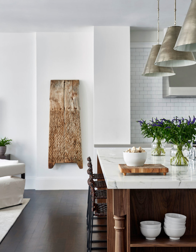 espresso kitchen island with shelving and marble countertop