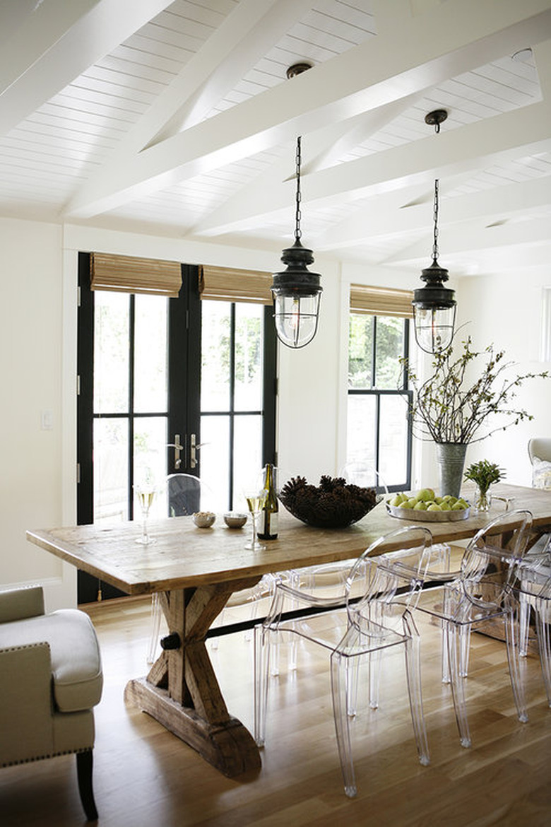 wooden table in modern farmhouse style dining room