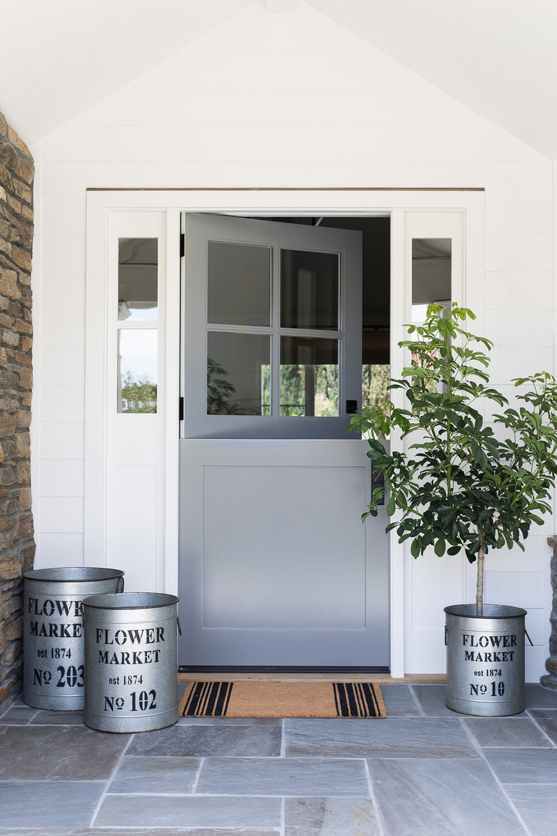 gray exterior Dutch door, bluestone patio