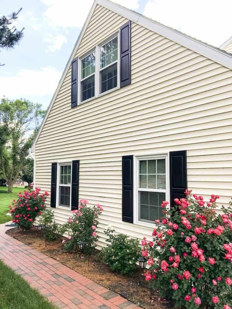 Black raised panel  exterior shutter style on cream exterior