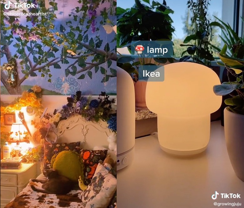 Split screen with a fairycore bedroom covered in leaves on the left and a mushroom-shaped lamp on the right