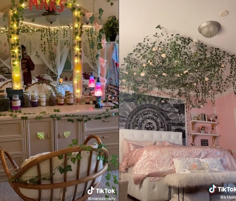 Split screen of fairycore bedrooms covered in leafy garland hangings