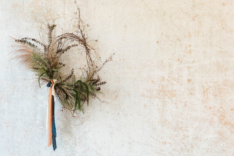 fall wreath made with victorian birch and dried ferns and ribbon