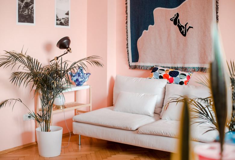 Pastel pink family room paint colors with white couch