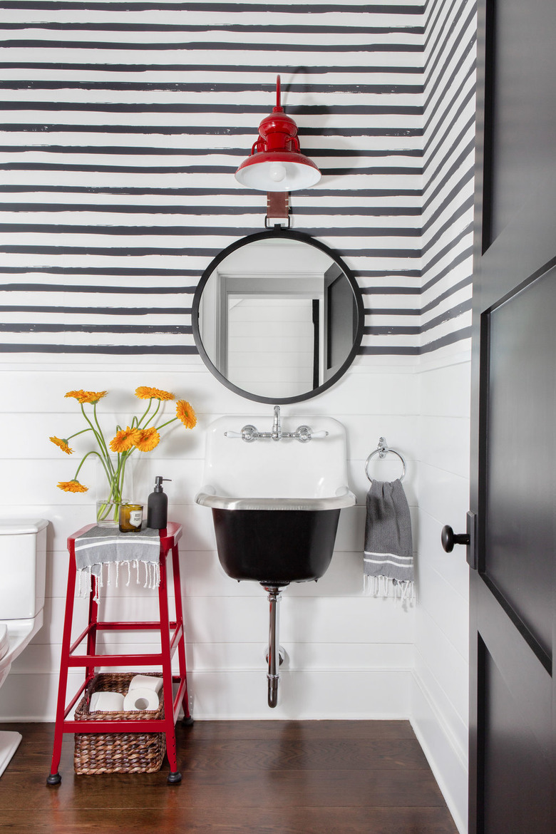 black and white bathroom with small trough Farmhouse Bathroom Sink