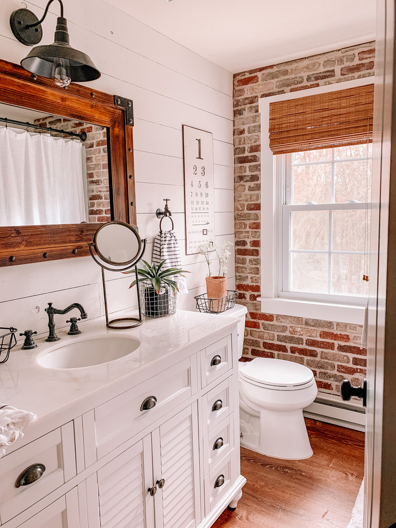 Farmhouse bathroom storage with drawer storage