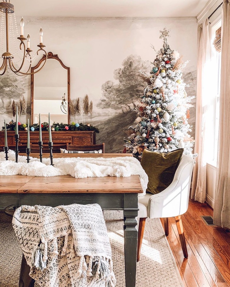 colorful farmhouse Christmas tree idea in dining room