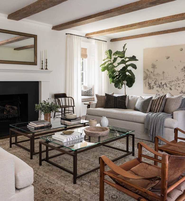 modern farmhouse living room with white curtains