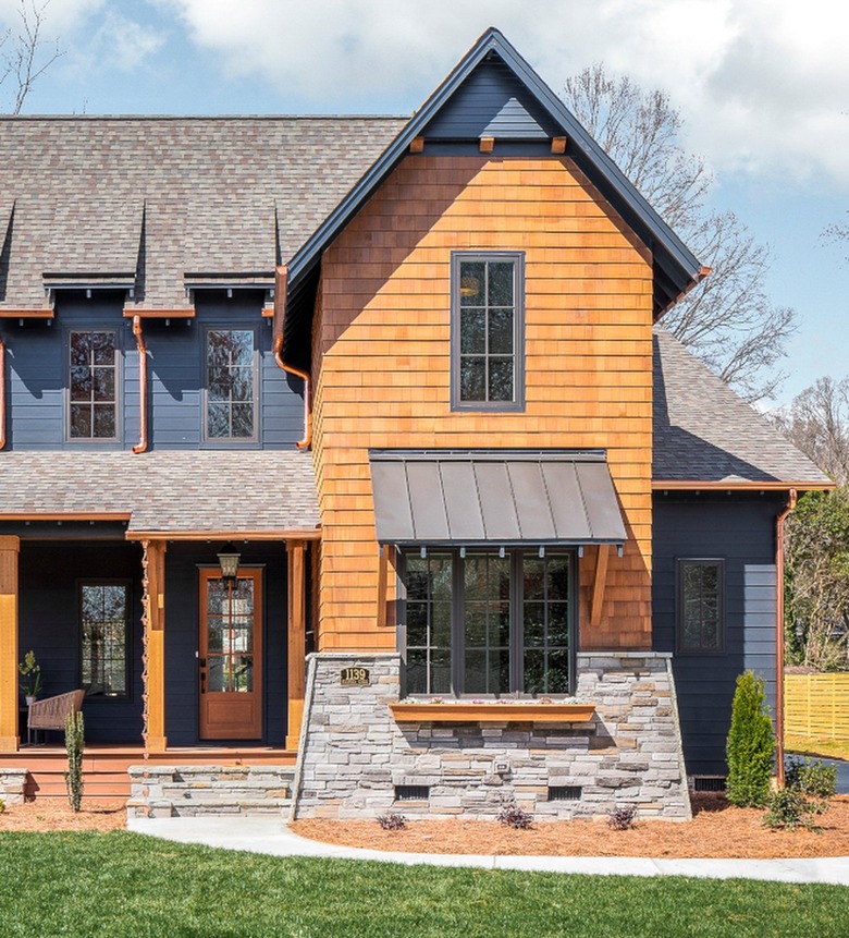 wood and blue farmhouse exterior