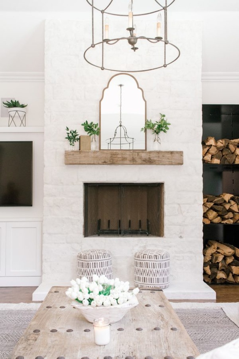 all-white farmhouse fireplace