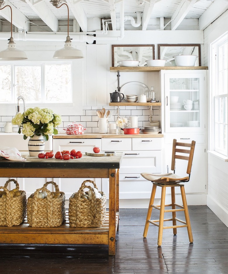 industrial kitchen with farmhouse flooring idea