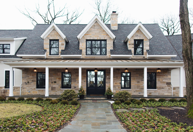 farmhouse front door idea with double glass doors that match window design