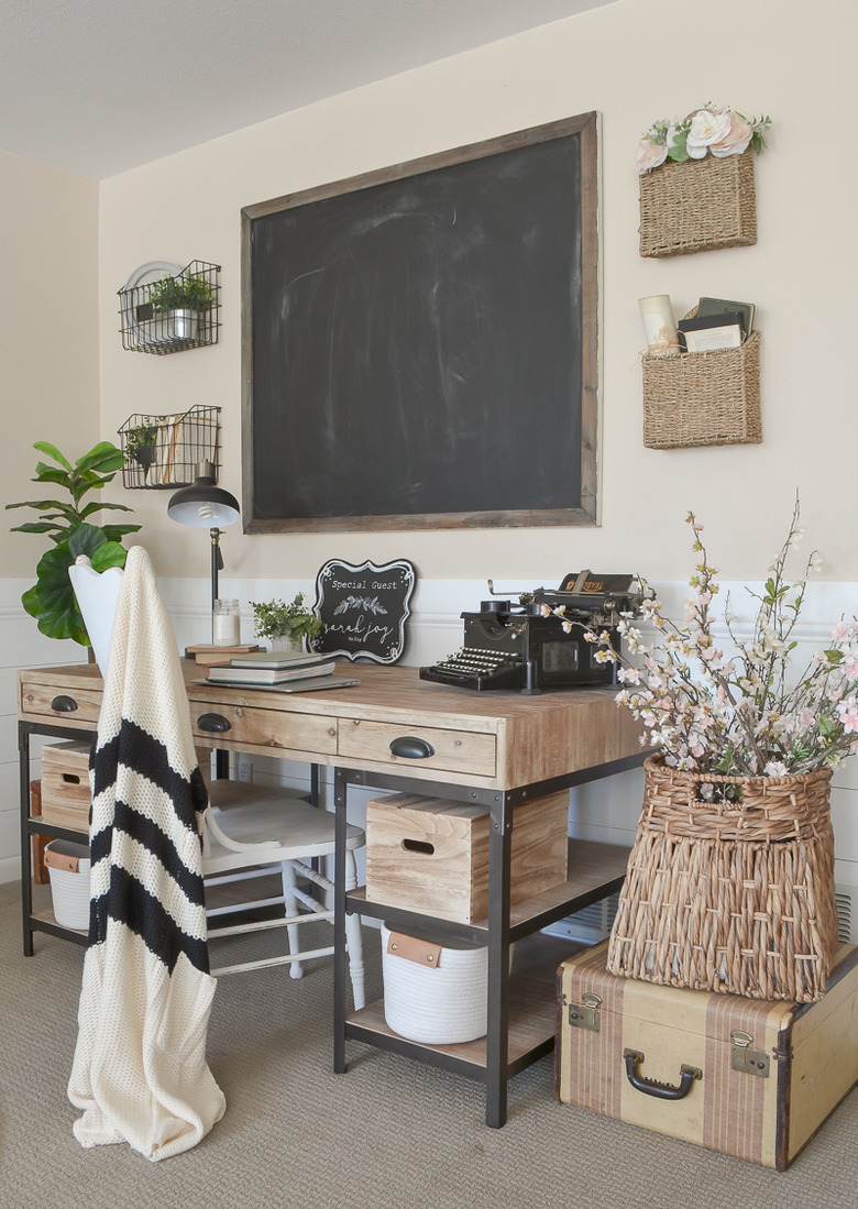 Farmhouse home office with blackboard and wood desk