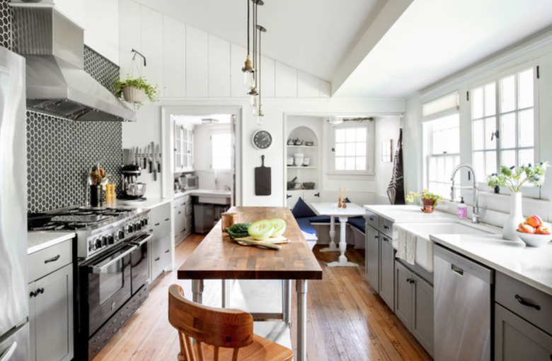 farmhouse kitchen island idea with butcher block