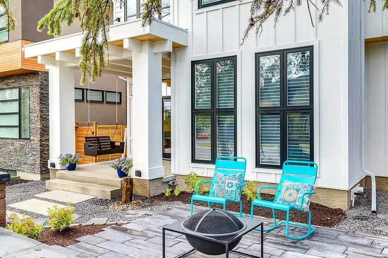 farmhouse porch with turquoise seating