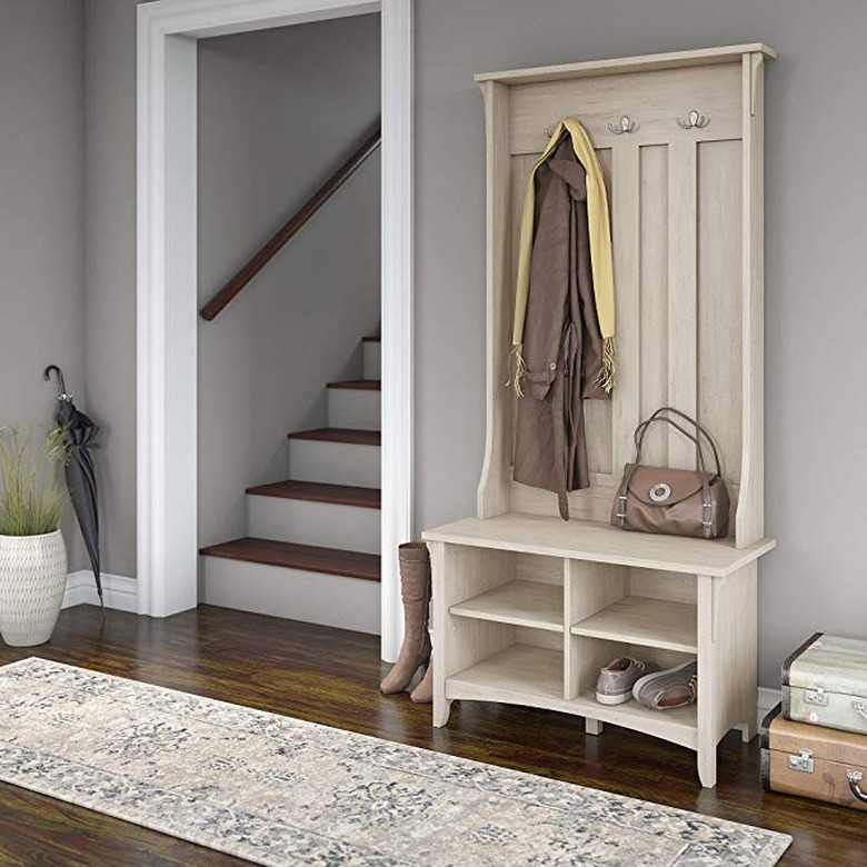 Amazon farmhouse furniture with wooden tree hall in entryway for jackets, shoes, and handbags