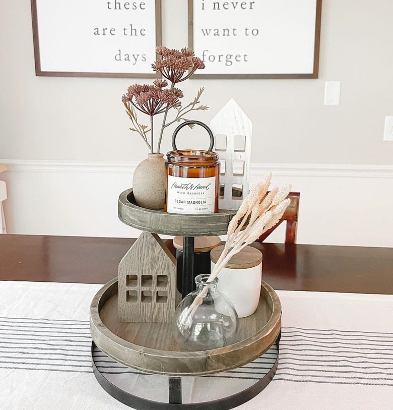 farmhouse centerpiece on tiered lazy susan tray