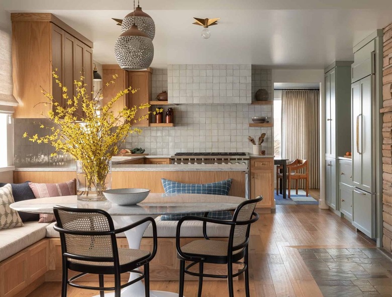 midcentury kitchen with flush mount ceiling light