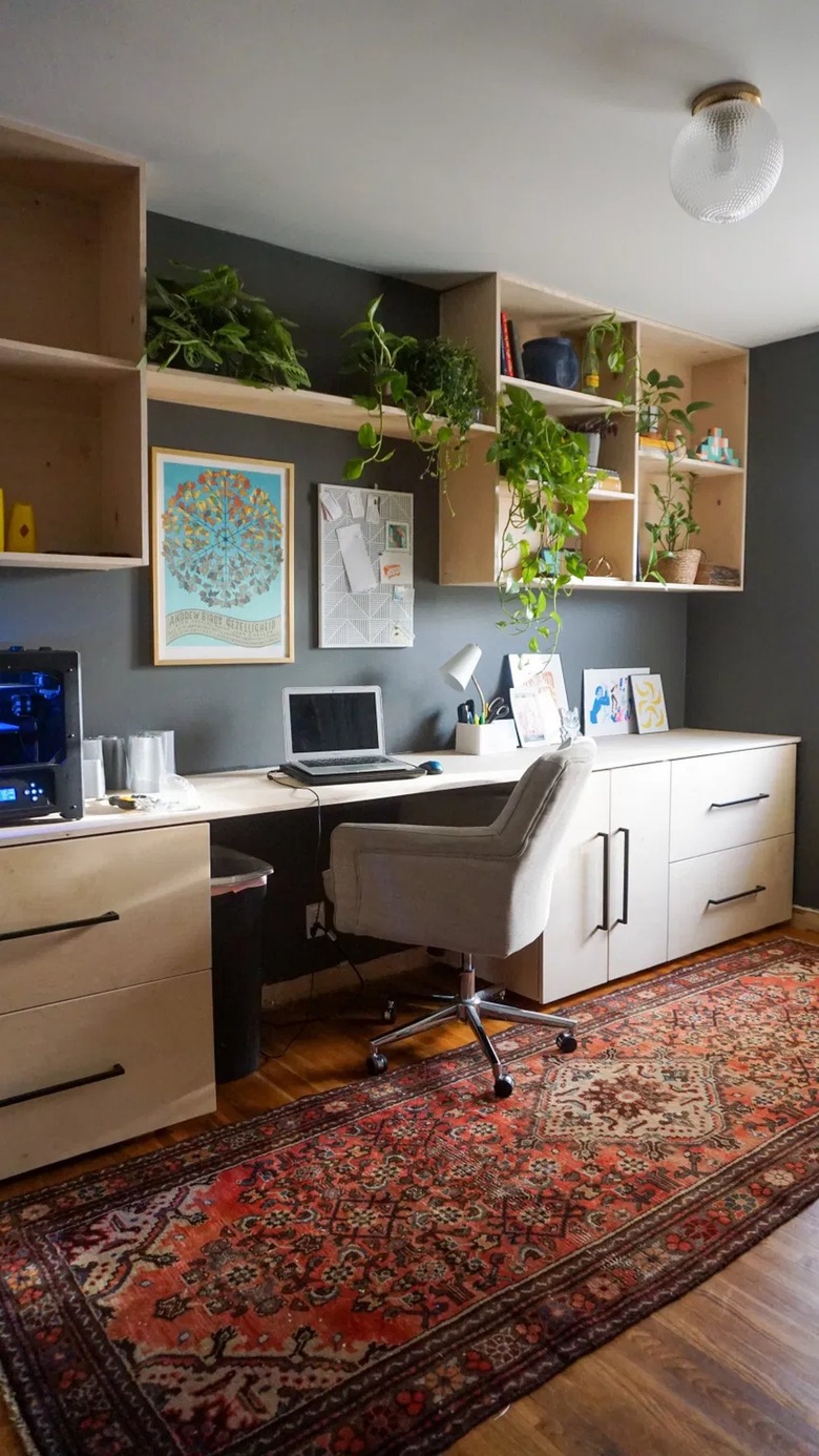 frosted glass and brass flush mount light in vintage office