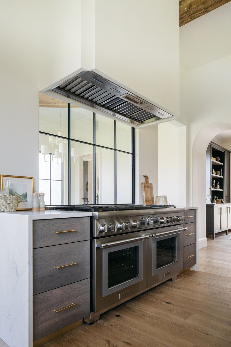 neutral kitchen with textured gray cabinets