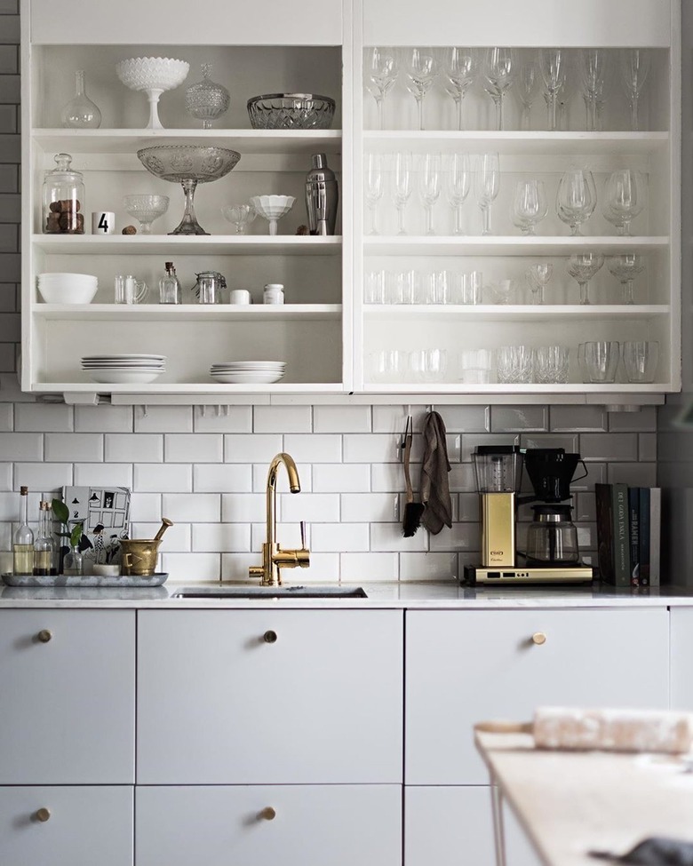 modern gray kitchen with white open shelving