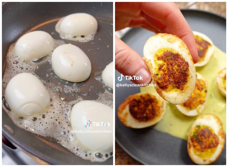 A two-pane image with the left side showing hard-boiled eggs being fried in oil in a pan. The right side shows a hand holding a fried deviled egg.