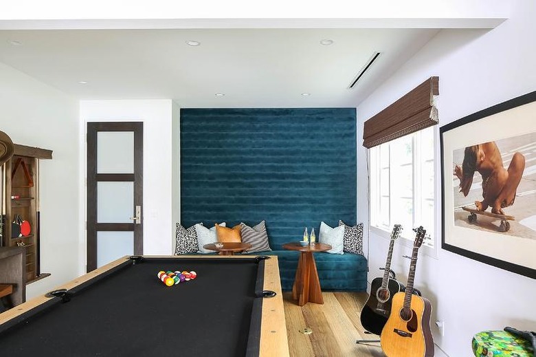 garage game room ideas with velvet seating and pool table