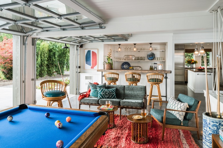 eclectic garage game room ideas with bar and pool table