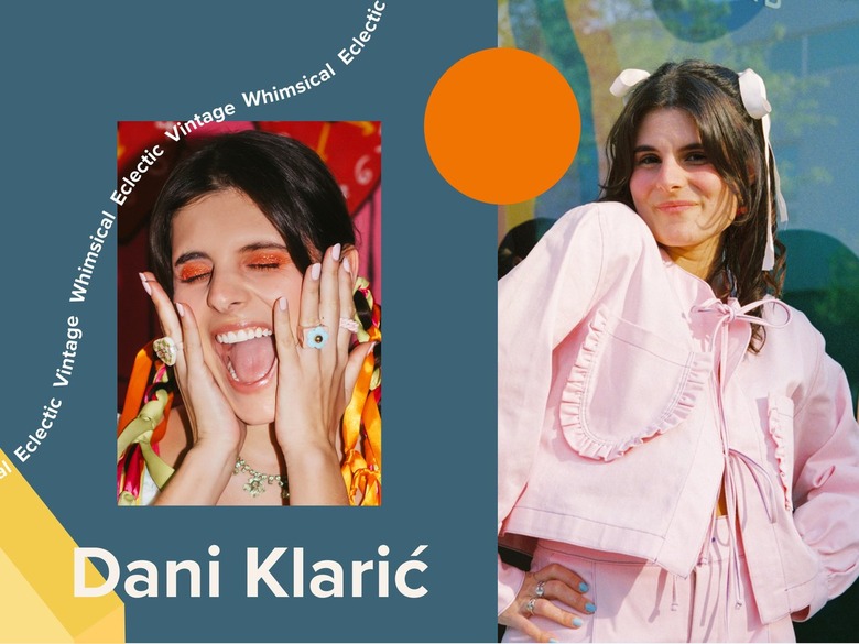 A split-screen image of interior designer Dani Klarić over a slate blue background with an orange circle.