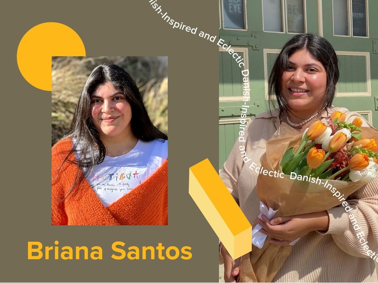 A split-screen image of home influencer Briana Santos over a grey-green background with yellow geometric shapes.