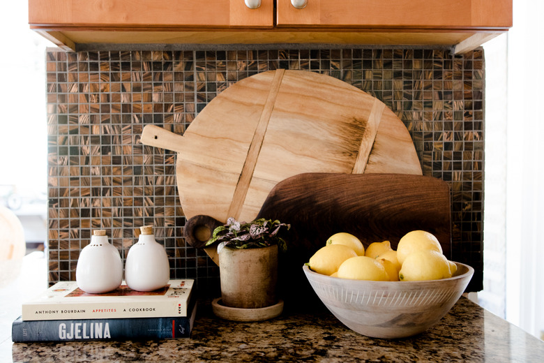 focus on items arranged on a granite countertop