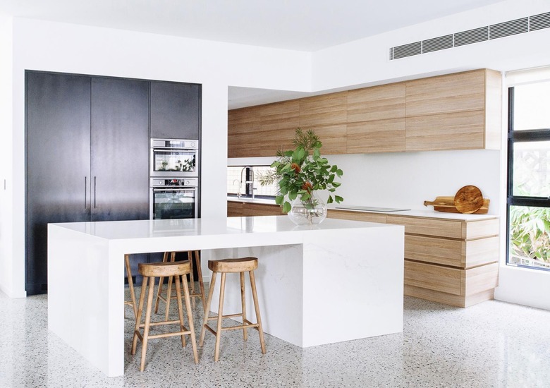 white and oak modern with gray terrazzo floor.