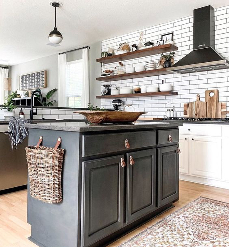 gray kitchen color idea with dark gray island and gray countertop