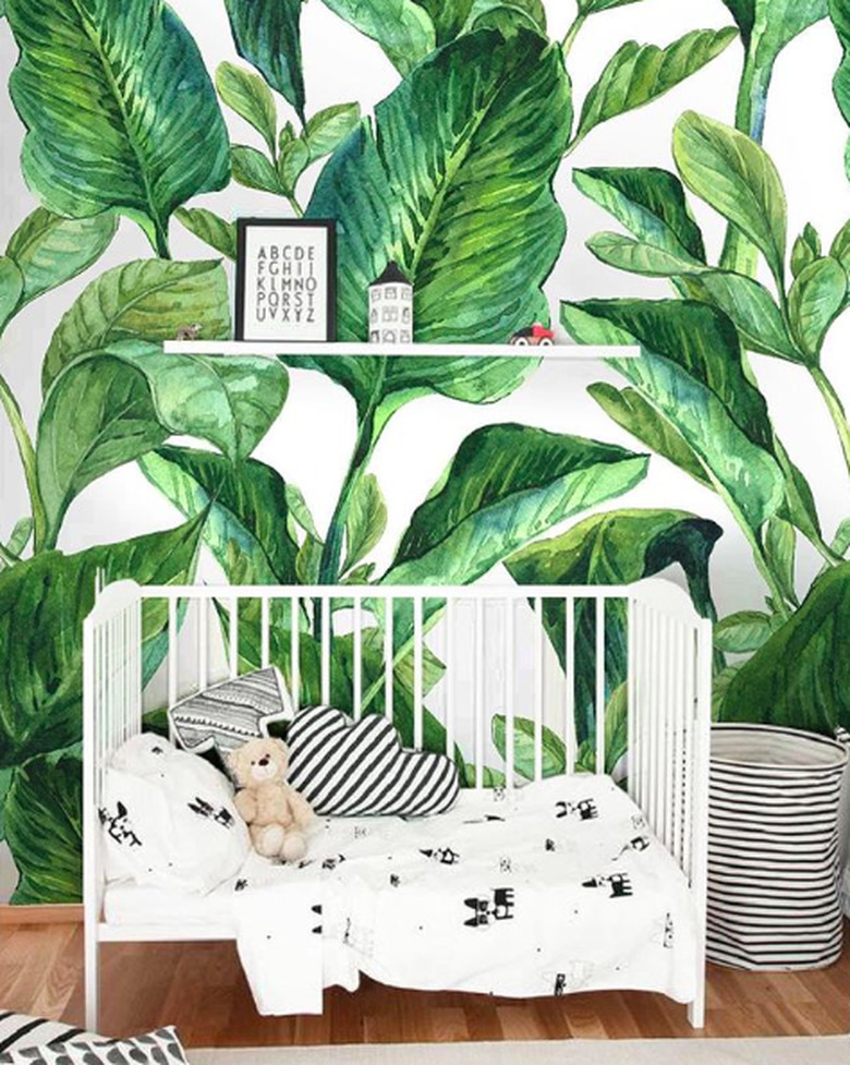 banana leaf wallpaper in a nursery