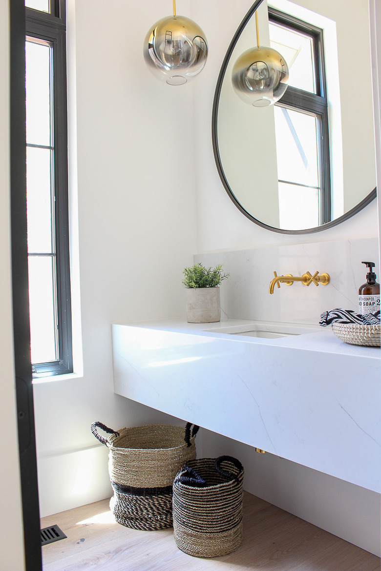 white half bathroom idea with black trim