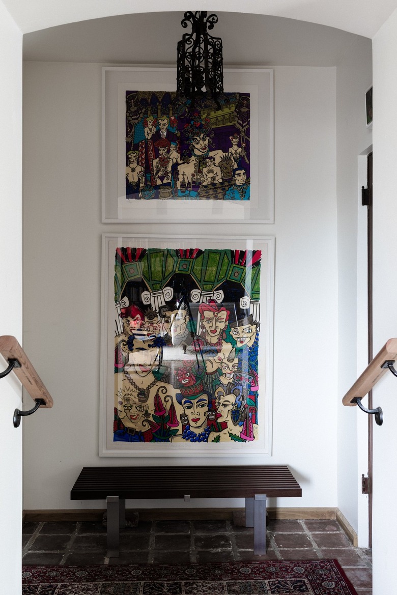 Hallway Gallery Wall Ideas with artwork and a bench