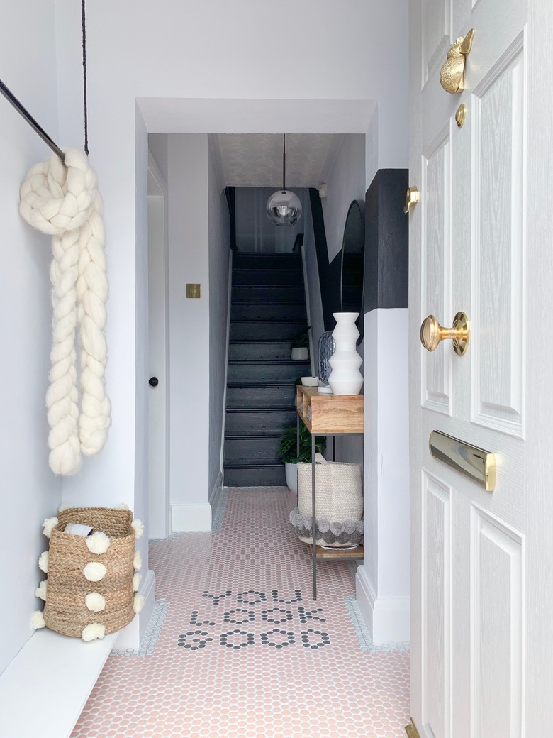 Hallway Makeover Ideas in monochrome hallway with pink and gray penny tiles