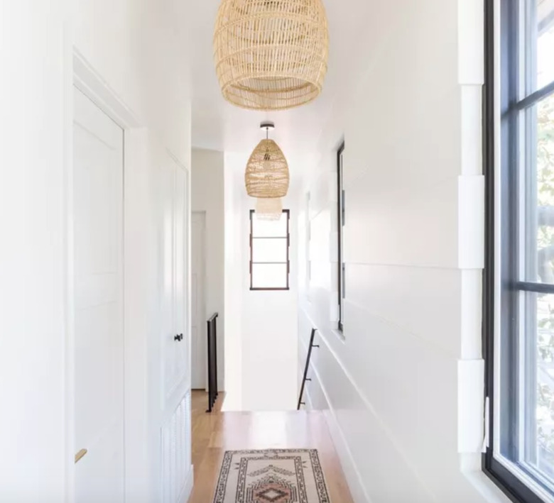 Hallway Pendant Light in Hallway with wicker pendant lights, runner.