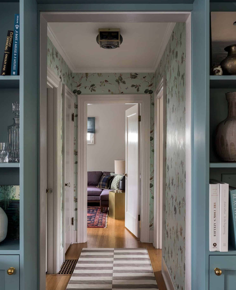 Hallway Runner Ideas in Hallway with wallpaper, striped runner.