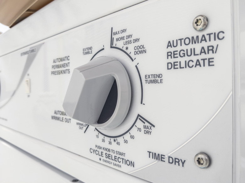 Closeup of a clothes dryer control panel